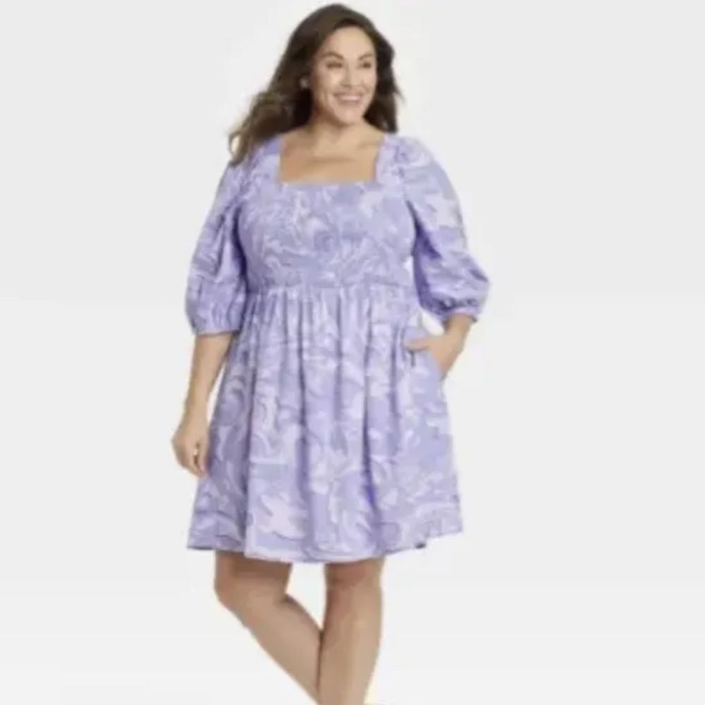 🆕🔥Ava & Viv Purple Swirl Puff Elbow Sleeve Smocked Mini Dress - Picture 1 of 5